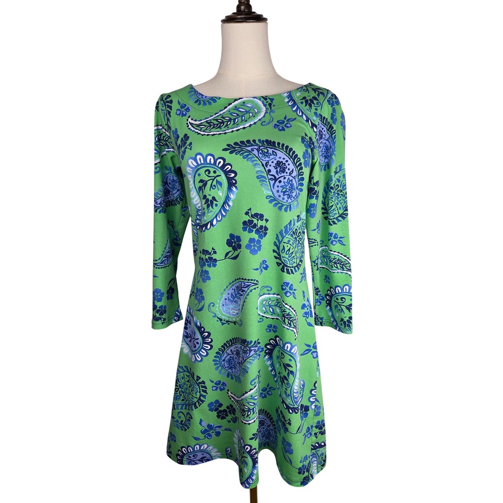 AnaClare Paisley Boat Neck Dress S Green Blue 3/4 Sleeve Cotton Stretch Shift